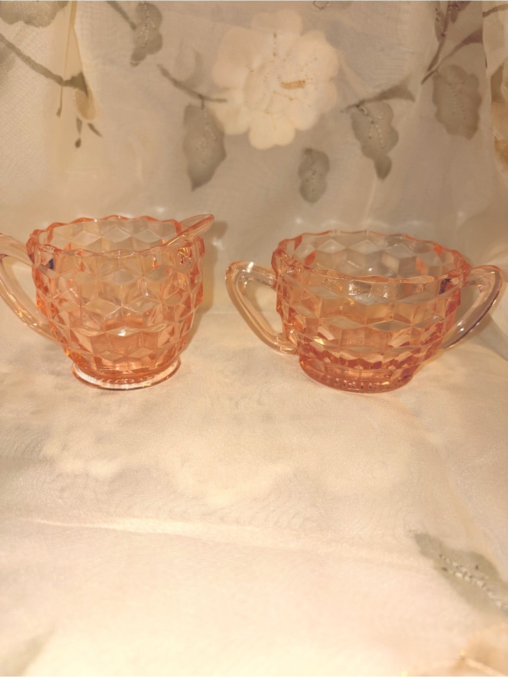 Jeanette Glass “Cube” pattern pink depression creamer and sugar bowl